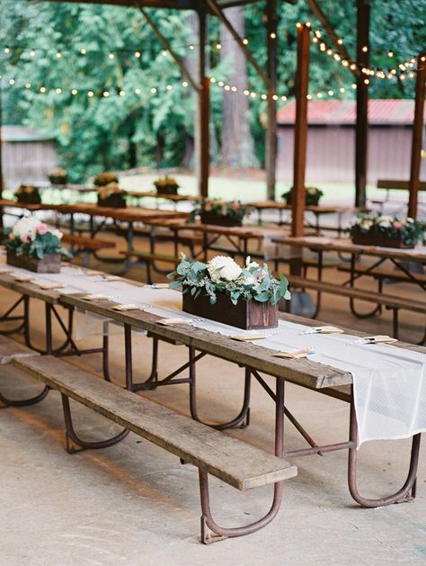 Picnic Table Wedding, Pavilion Wedding Reception, Wedding Picnic Reception, Park Wedding Reception, Picnic Table Decor, Campground Wedding, Wedding Backyard Reception, Pavilion Wedding, Wedding Reception Ideas