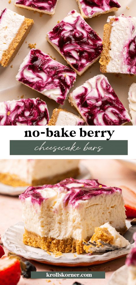 No Bake Berry Cheesecake Bars • Kroll's Korner Berry Cheesecake Bars, Vanilla Bean Cheesecake, Cheesecake Layer, Carrot Cake Cheesecake, Berry Cheesecake, Baked Cheese, Bake Cheesecake, Breakfast Drink, Bar Recipes