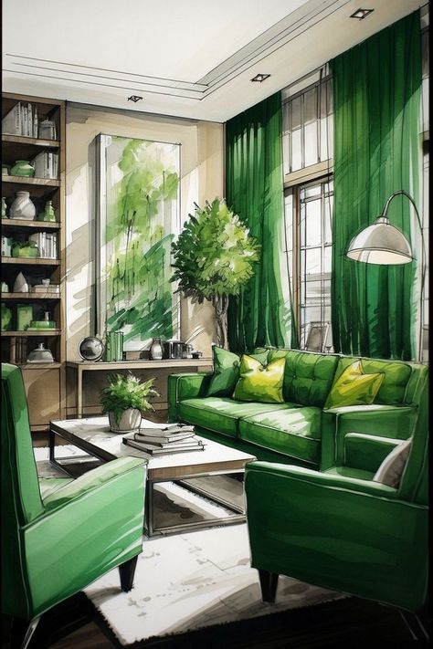 Innovative Interior Sketch Design for Unique Homes Interior Design Visual Presentation, Learn Sketching, Green Architecture Concept, Interior Architecture Sketch, Interior Sketches, Interior Design Sketchbook, Modern Living Room Design, Furniture Design Sketches, Green Color Palette