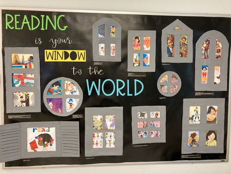 #librarydisplay #reading #diversity #windowsandmirrors #kidlit #mglit Diversity Library Display, Reading For Pleasure Display, Primary Classroom Displays, World Bulletin Board, School Library Bulletin Boards, Fairytale Land, Preschool Library, School Library Decor, Book Area