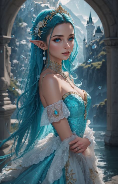 Ai genrated art of Simone Jonai. A DND character for the Mythos Mori West March. Sea Elf Divine Soul Sorceress. Blue Fairy Dress Short, Blue Hair Princess, Sea Elf Female Dnd, Dnd Princess, Druid Oc, Water Elf, Sea Elf, Blue Elf, Elf Princess