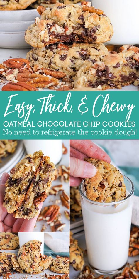 Thick Oatmeal Chocolate Chip Cookies with Quaker Oats and Pecans! Bakery Style Large and Chewy Cookie Chocolate Chip Oatmeal Cookies are the perfect cookie dessert recipe packed with add-ins for thick bakery style cookies! #lemonpeony #bakerystyle #oatmealchocolatechip #cookierecipe #desserts #cookies Big Oatmeal Chocolate Chip Cookies, Bakery Oatmeal Chocolate Chip Cookies, Large Oatmeal Chocolate Chip Cookies, Thick And Chewy Oatmeal Cookies, Oatmeal Chocolate Chunk Cookie Recipe, Thick Oatmeal Chocolate Chip Cookies, Thick And Chewy Cookies, Thick Chewy Oatmeal Cookies, Giant Oatmeal Cookies