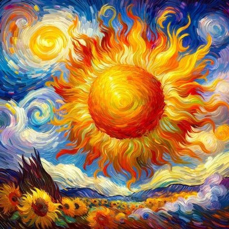 Trippy Sun Art, Sun Painting Hippie, Van Gogh Inspired Paintings, Sun Painting Ideas, Van Gogh Moon, Sun Paintings, Sun Oil Painting, Appropriation Art, Sun Painting