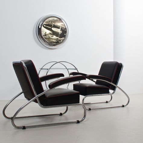 Streamline Moderne Interior, Modernism Interior Design, Tubular Furniture, Modernism Interior, Kem Weber, Chrome Furniture, Steel Lounge Chair, Raymond Loewy, Deco Chairs