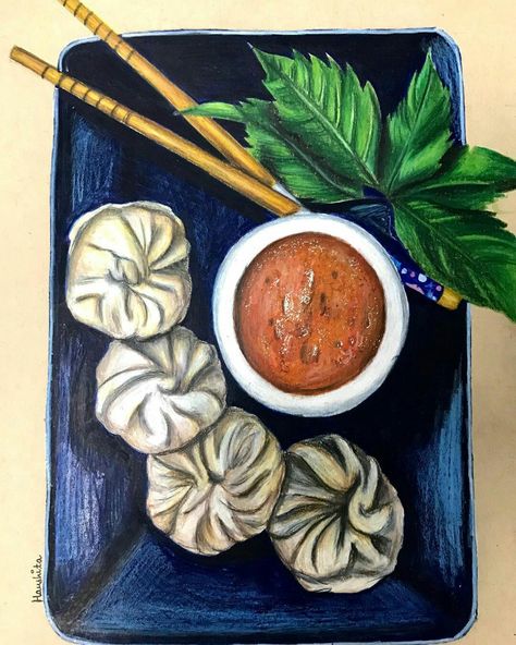 #drawing #art #momos Momo Food Drawing, Momos Drawing Food, Momos Painting, Momos Illustration Art, Sikkim Food Drawing, Indian Snacks Illustration, Food Realistic Drawing, Food Artwork Painting, Momos Drawing