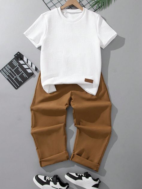 White Casual Collar   Colorblock  Embellished Slight Stretch  Teen Boys Clothing Teen Boy Outfit Ideas, Teen Boys Fashion, Boys Outfits, Teenager Outfits Boys, Boys Dressing Style, Brown Jeans Outfit, Outfit Inspirations For Teens, School Dance Outfits, Outfits For Teens For School