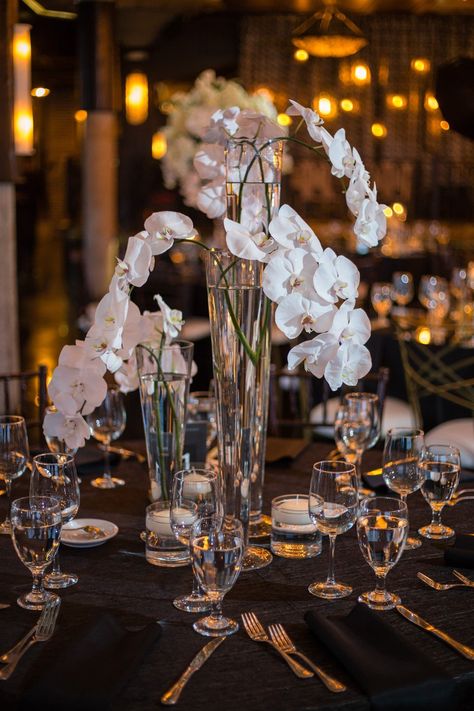 White Orchid Centerpiece, Orchid Centerpieces Wedding, Dr Wedding, Orchid Centerpiece, Wedding Smile, High School History Teacher, Tall Glass Vase, Old Hollywood Wedding, Orchid Centerpieces