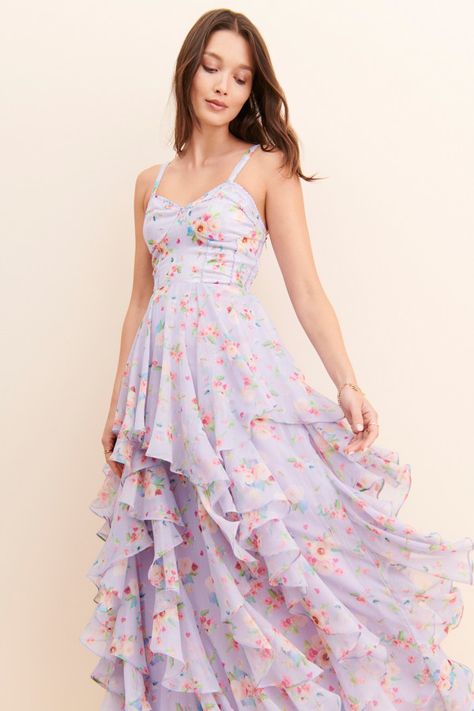 Floral Chiffon Sequined Ruffled Dress | Nuuly Rent Garden Party Aesthetic, Princess Attire, Simple Satin Wedding Dress, Asia Wedding, Prom 23, Golf Wedding, Simple Satin, Chiffon Ruffle Dress, Floral Wrap Maxi Dress