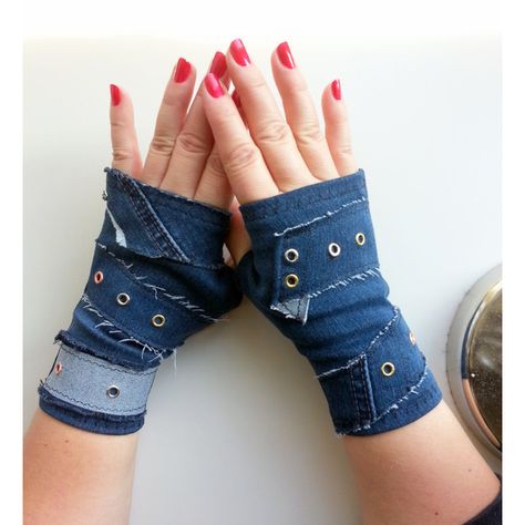 Rocker style,blue jeans gloves,Fingerless Gloves,Fingerless... (52 PLN) ❤ liked on Polyvore featuring accessories and gloves Denim Fingerless Gloves, Denim Gloves, Metal Gloves, Style Blue Jeans, Jean Diy, Gloves Diy, Metal Glove, Blue Mittens, Clothes Embroidery Diy