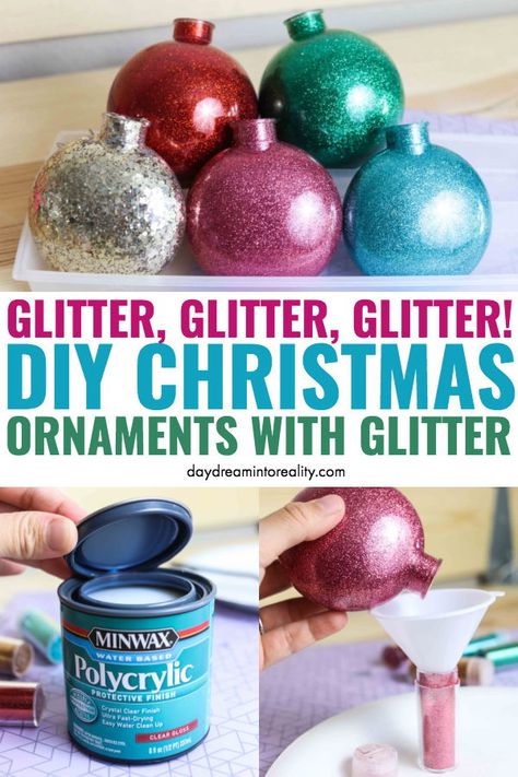 How To Make Glitter Christmas Bulbs, Sparkly Christmas Ornaments Diy, Diy Christmas Ornaments Glitter Balls, Glitter Balls Ornaments, Diy Glitter Ball Ornaments, Ornaments With Glitter Inside, How To Make Glitter Ornaments Diy, Glitter Glass Ornaments Diy, Round Glitter Ornaments