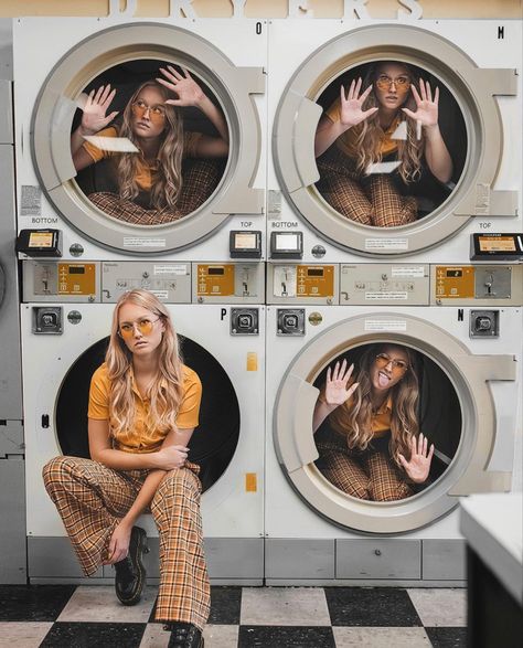 Laundry Room Photoshoot, Funky Photoshoot Ideas, Laundry Mat Photoshoot, Laundry Photoshoot, Laundry Aesthetic, Laundromat Photoshoot, Punk Photoshoot, Laundry Shoot, Portrait Photography Lighting