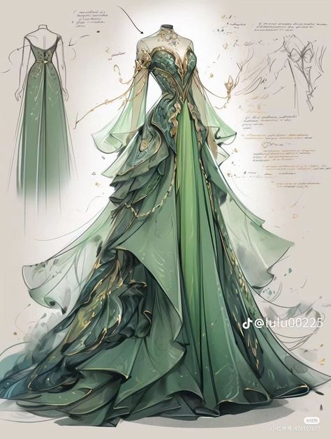 Fairy Core Gown, Green Fantasy Dress Drawing, Fairy Core Dresses, Silhouette Mode, Fairycore Dresses, Dress Reference, Fun Dresses, Fantasy Outfits, Dreamy Gowns