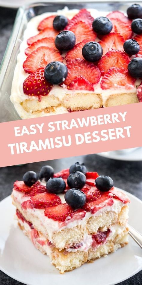 Strawberry Tiramisu is the perfect no-bake summer dessert made with fresh strawberries, ladyfingers, and mascarpone! This summer version is made without coffee, alcohol, and raw eggs. Tiramisu Strawberry, Berry Tiramisu, Strawberries Cake, Strawberry Tiramisu, No Bake Summer Desserts, Raw Eggs, Jiggle Jiggle, Dessert Oreo, Desserts Keto