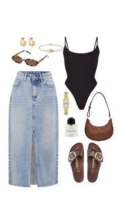 Clean Summer Outfit, Brown Skirt Outfit Ideas, Black Sandals Outfit, Denim Skirt Outfit Summer, Sun Outfit, Midi Skirt Brown, Looks Pinterest, Instagram Snap, Casual Day Outfits