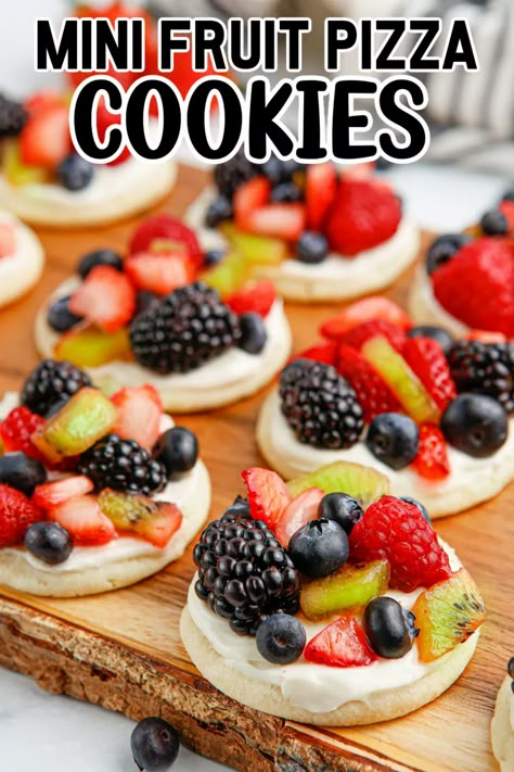 Mini Fruit Pizza Cookies Pin. Fruit Pizza Bites, Mini Fruit Pizza Cookies, Fruit Pizza Cookie Recipe, Individual Fruit Pizza, Mini Fruit Pizza, Sugar Cookie Fruit Tart, Fruit Pizza Cups, Individual Treats, Fruit Pizza Cookies