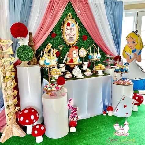 Alice in Wonderland Themed Dessert Table | Decor Gallery Bakery Selfie Wall, Alice In Wonderland Dessert Table, Alice In Wonderland Birthday Party, Baby Shower Princess Theme, Wonderland Party Decorations, Wonderland Birthday Party, Alice In Wonderland Tea Party Birthday, Onederland Birthday Party, Alice In Wonderland Cakes