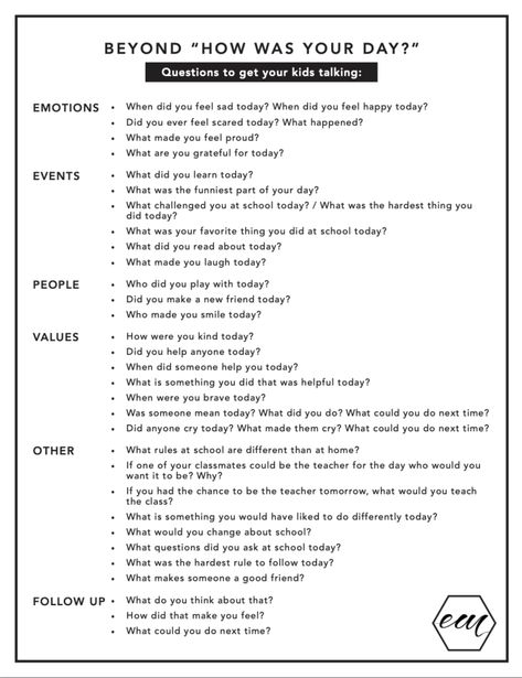 Questions to ask your kids besides "How was your day?" | Elisabeth McKnight How Was Your Day, Questions To Ask Your Kids, What Makes You Laugh, Kids Questions, Save Your Marriage, Feeling Scared, Relationship Therapy, Kids Talking, Smart Parenting