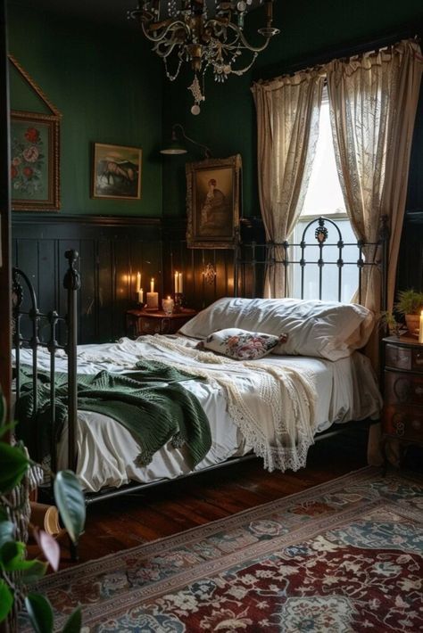 15 Dark Cottagecore Bedroom Interior Designs You Will Love! - My Decor Inspo Dark Cottagecore Interior, Black And Green Room, Crafts Using Mason Jars, Dark Cottagecore Bedroom, Cottagecore Bedrooms, Masters Bedroom, Dark Cottagecore Aesthetic, Academia Bedroom, Vintage Inspired Bedroom