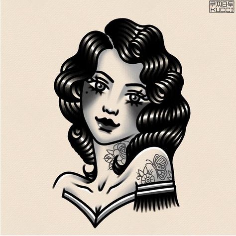 Traditional Women Tattoo, American Traditional Portrait, American Traditional Woman Tattoo, American Traditional Lady Head, Traditional Tattoo Face, Traditional Woman Tattoo, American Traditional Tattoos Black And White, Vintage Traditional Tattoo, Traditional Tattoo Woman Face