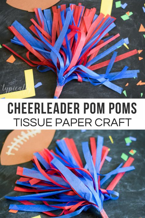 Tissue paper crafts are great for practicing scissors skills, plus it is such an inexpensive craft supply that can be used for so many craft projects. The kids can show their spirit by making these simple tissue paper cheerleader pom poms in their favorite team colors! #football #craftsforkids #tissuepapercrafts #kidspiration #simplecrafts #teamspirit #typicallysimple Sport Crafts For Kids, Sport Themed Crafts, Scissors Skills, Cheerleader Pom Poms, Craft Storage Cart, Olympic Crafts, Tissue Paper Craft, Football Crafts, Tissue Paper Crafts