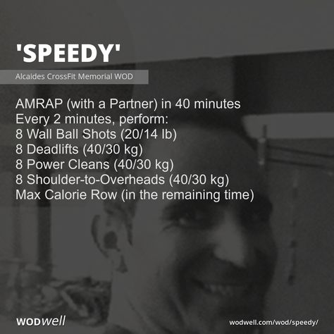 "Speedy" Workout, CrossFit WOD | WODwell - AMRAP (with a Partner) in 40 minutes; Every 2 minutes, perform:; 8 Wall Ball Shots (20/14 lb); 8 Deadlifts (40/30 kg); 8 Power Cleans (40/30 kg); 8 Shoulder-to-Overheads (40/30 kg); Max Calorie Row (in the remaining time) Glute Wod Crossfit, Crossfit Engine Workout, 30 Minute Crossfit Workout, Wallball Workout Crossfit, Hero Crossfit Workouts, Crossfit Wod With Dumbbells, Partner Workouts Crossfit, Team Workouts Crossfit, Hero Workouts Crossfit