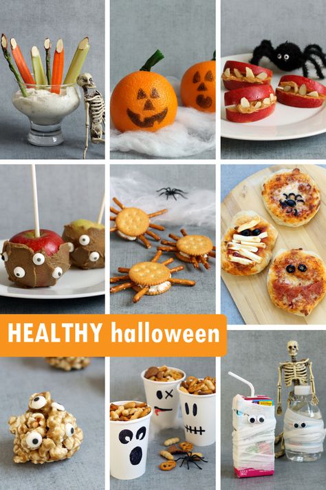 HEALTHY HALLOWEEN TREATS and snacks. 9 ideas for a healthy Halloween party. Great Halloween classroom party ideas (peanut butter free). #healthyhalloween #halloweenparty #partyfood #funfood #healthyhalloweensnacks #healthyhalloweentreats Homeroom Mom, Spooky Sweets, Kids Halloween Food, Classroom Halloween Party, Treats For Kids, Halloween Foods, Healthy Halloween Treats, Healthy Halloween Snacks, Halloween Treats For Kids