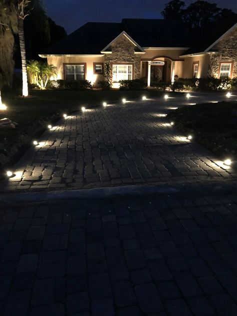 Lights In Driveway, Lights Driveway Entrance, Light Up Driveway Ideas, Lit Up Driveway, Out Door Lighting, Driveway Landscape Lighting, Lighted Driveway Ideas, Driveway With Lights, Long Driveway Lighting