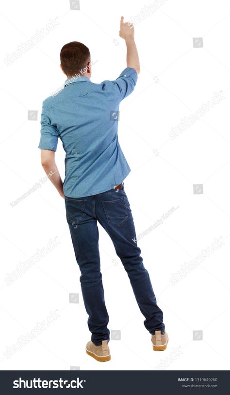 Short Sleeve Shirt Drawing Reference, Guy Standing Back View, Pointing Up Pose Reference, Standing Pose Back View, Man Standing Back View, Person Standing Back View, Person Back View Drawing, Guy Back View, Pose Back View