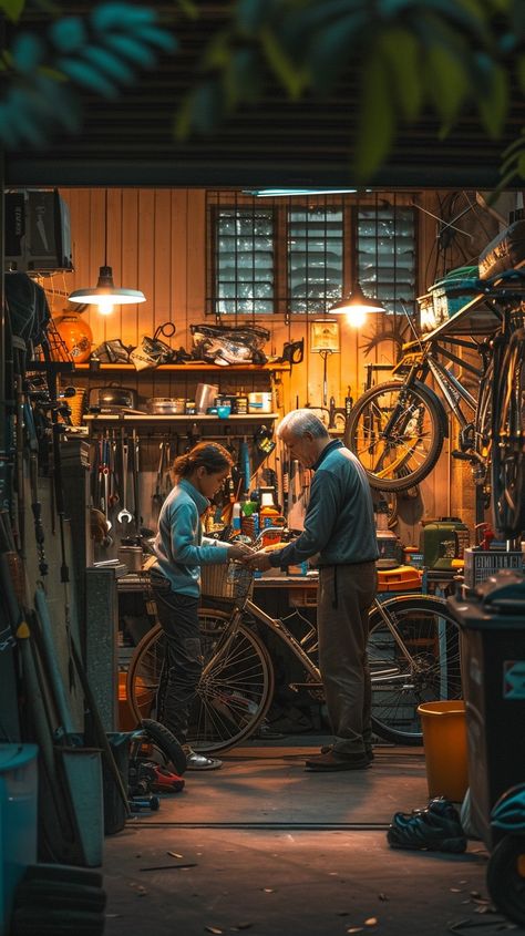 Bike Repair Workshop: An elder craftsman teaches a young apprentice the art of bicycle repair in a cozy workshop. #workshop #bicycle #craftsman #apprentice #learning #aiart #aiphoto #stockcake ⬇️ Download and 📝 Prompt 👉 https://ayr.app/l/eV4x Cozy Workshop, Bicycle Workshop, Bike Workshop, Bicycle Mechanics, Mechanical Workshop, Bicycle Repair, Bike Mechanics, Bike Shed, Bike Repair