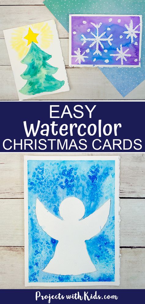 These easy watercolor Christmas cards are a fun handmade card idea for kids to make! Use easy watercolor techniques to create these gorgeous cards for family and friends. Three designs to choose from with free templates included.  #projectswithkids #christmascrafts #diychristmascards #kidsart #watercolorpainting Watercolor Christmas Card Ideas, Easy Watercolor Christmas Cards, Easy Watercolor Christmas, Cards For Kids To Make, Christmas Cards For Kids, Watercolor Christmas Card, Christmas Art For Kids, Christmas Card Ideas, Christmas Tree Template