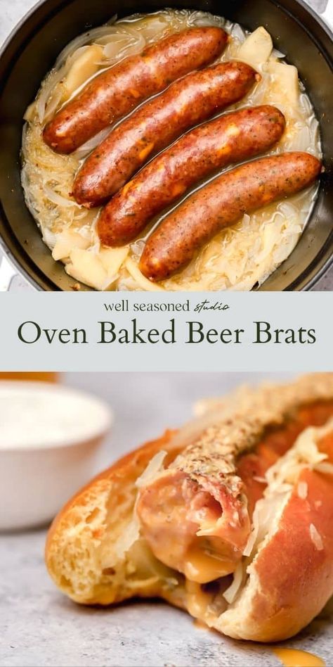 Beer Brats And Sauerkraut, Oven Baked Brats, Brats In The Oven, Brats And Sauerkraut, How To Cook Bratwurst, German Bratwurst, Beer Bratwurst, Multicultural Recipes, How To Cook Brats