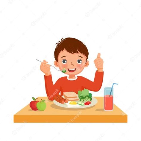 Premium Vector | Cute little boy eating breakfast with bread egg sausage holding fork with sausage showing thumb up Breakfast With Bread, Cartoons Eating, Breakfast Clipart, Thumb Up, Eating Breakfast, Huevos Fritos, Food Cartoon, Selling Photos Online, Boy Illustration