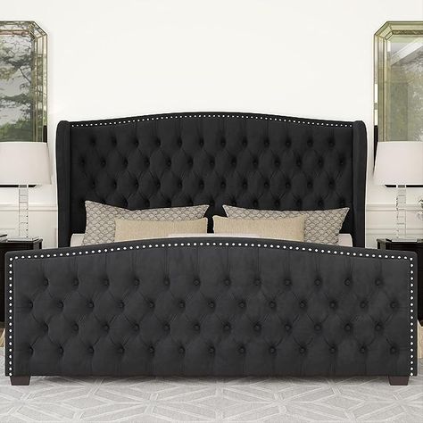 Black Queen Size Bed, Dramatic Bed, Black King Size Bed, Black Tufted Bed, Bed Frame Velvet, Button Tufted Bed, Tufted Upholstered Bed, King Size Platform Bed, High Headboard