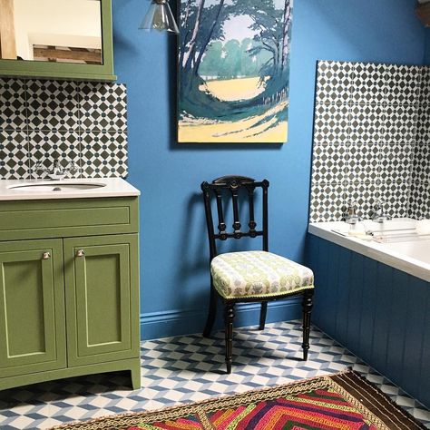 Bathroom just completed after quite a long time having the builders here. Walls are @farrowandball cooks blue, cabinet is farrow and ball… Cooks Blue Farrow And Ball, Green And Blue Bathroom, Bright Blue Bathroom, Bright Lounge, Charlotte Gaisford, Ottoman Green, Blue Cabinet, Green Tiles, Painted Floor