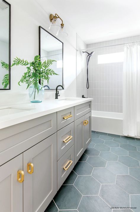 Makoto 10" x 11.5" Hexagon Matte Porcelain Tile in Arashi Blue | Bedrosians Tile & Stone Coastal Bathroom With Tub, Hallway Bathroom Ideas With Tub, Transitional Kids Bathroom, Blue Hexagon Tile Bathroom, Seafoam Bathroom, Hexagon Tile Bathroom Floor, Blue Tile Floor, Hexagon Tile Bathroom, Bedrosians Tile