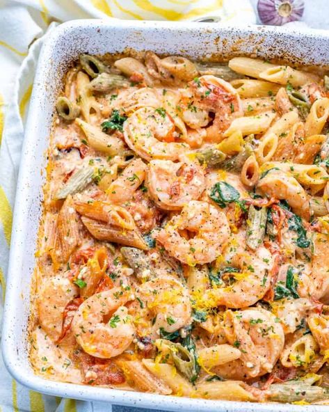 Feta Pasta With Shrimp, Pasta With Shrimp, Baked Feta Pasta, Cajun Shrimp Pasta, Fitness Meals, Baked Feta, Feta Recipes, Baked Pasta Recipes, Healthy Fitness Meals