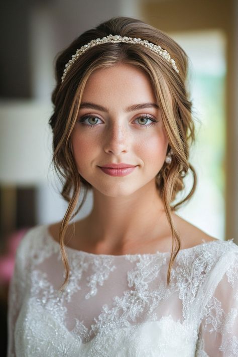 Create a flawless wedding look with these 60+ bridal hairstyles featuring headbands. Perfect for accessorizing loose waves, half-up styles, or sleek buns, these headbands add a personal touch. Browse now to find your dream style! #bridalbeautyideas #headbandhairstyles #weddingdayinspo Wedding Hair With Pearl Headband, Wedding Hairband Hairstyle, Wedding Hairstyle With Headband, Wedding Headband Hairstyles, Bridal Hair With Headband, Wedding Hair With Headband, Hairstyle With Headband, Wedding Hairstyles With Headband, Sleek Buns