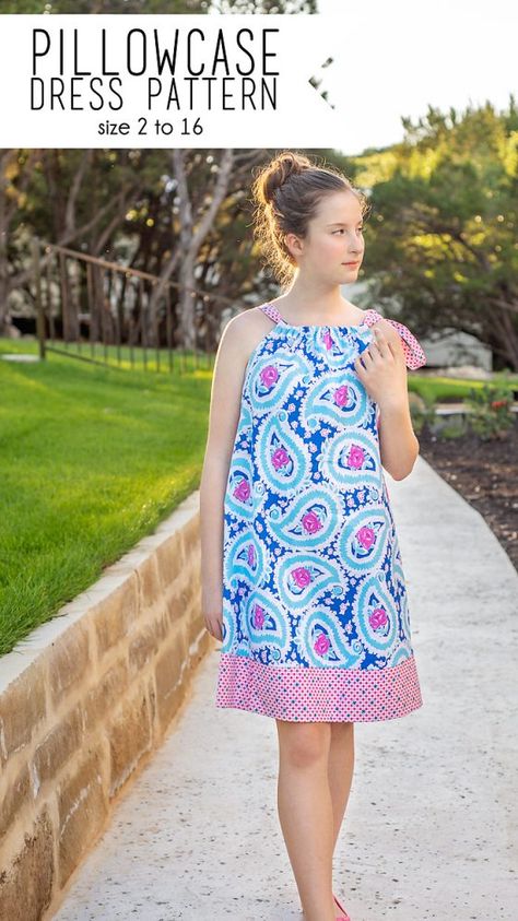 Pillowcase Dress Pattern For Women, Easy Kids Dress Pattern Free, Easy Summer Dress Sewing Pattern Free, Simple Girls Dress Pattern, Simple Girls Dress, Pillowcase Sewing, Easy Girls Dress, Sew Button, Pillowcase Dress Pattern