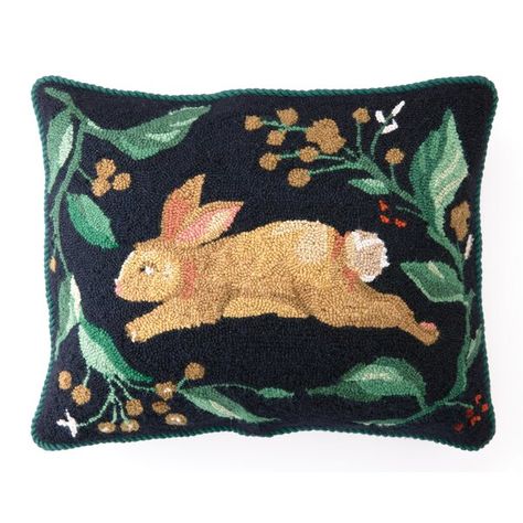 Add a charming touch to your sofa or favorite reading nook with this hand-hooked wool pillow, featuring a lovely rabbit motif. Rabbit Pillow, Rabbit Run, Hooked Pillow, Pillow Green, Rabbit Design, Hooked Wool, Wool Throw Pillows, Black Pillows, Easter Rabbit