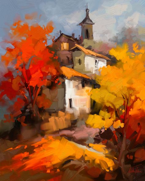 Mikko Tyllinen Beautiful Painting Ideas, Autumn Village, Tuscan Art, Peisaj Abstract, Abstract Art Projects, Digital Oil Painting, Mandala Art Therapy, Art Village, Pastel Landscape