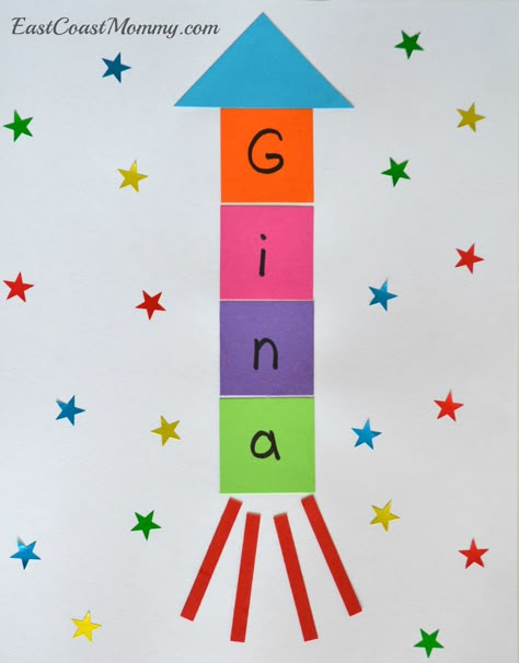 Letter R craft - R is for Rocket. (It's a great way to practice name recognition too!) Letter R Activities, R Activities, All About Me Crafts, Preschool Letter Crafts, Transportation Crafts, All About Me Preschool, Preschool Letter, Letter Crafts, Name Crafts