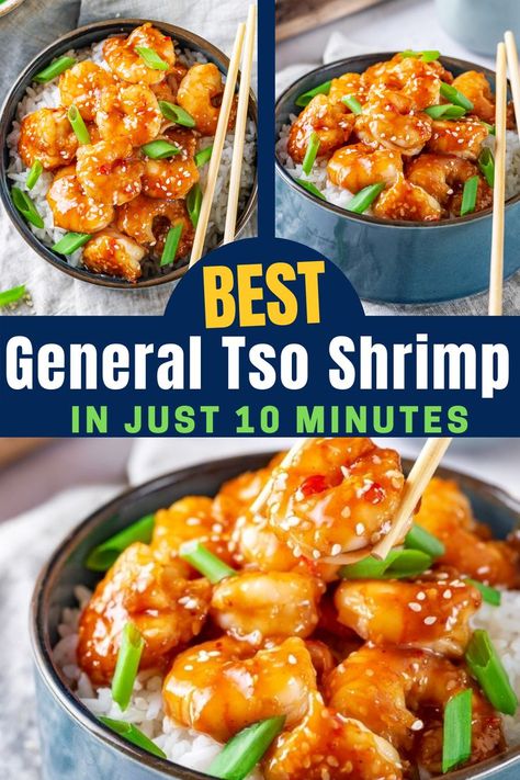 This General Tso Shrimp takes 10 minutes to make and comes together in one pan! The general tso sauce that coats the shrimp is sweet, slighlty spicy, and loaded with flavor. Shrimp General Tso, General Tao Shrimp, General Tso Shrimp Recipe, General Tso Shrimp And Broccoli, Panda Express Shrimp Recipes, Panda Express Spicy Shrimp, Mongolian Shrimp Recipes, Asian Shrimp Recipes Chinese Food, General Tso Shrimp