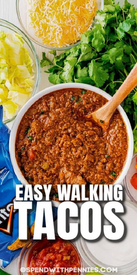 Walking Tacos - Spend With Pennies Walk Around Tacos, Easy Walking Tacos, Walking Taco Recipe Ground Beef, Walking Taco Dinner, Walking Taco Meat Recipe, Walking Tacos Recipe, Cast Iron Skillet Recipes Dinner, Taco Beef, Walking Taco