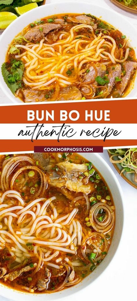 Many people around the world love this Vietnamese authentic Bun Bo Hue. This spicy beef noodle soup and its plating are somewhat sophisticated, but it's all worth your time. You'll love the unique flavor of … Bun Noodles Vietnamese Food, Spicy Pho Recipe Authentic, Food Recipes Vietnamese, Vietnamese Noodle Soup Recipes, Vietnamese Beef Noodle Soup, Bun Bo Hue Recipe Vietnam, Korean Beef Noodle Soup, Vietnamese Beef Soup, Cambodian Noodle Soup