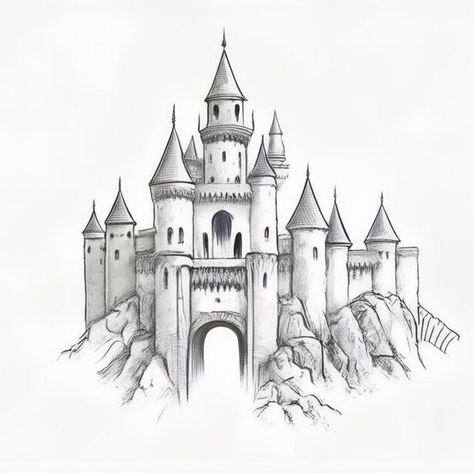 Sketch Of Castle, Castle Drawing Sketches Easy, Castle Aesthetic Drawing, Castle Drawing Sketches, Castle Drawing Easy, Castle Drawings, Cottagecore Drawing, Castle Sketch, Skyline Drawing