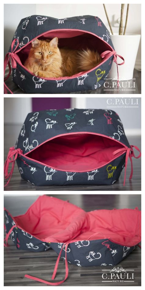 DIY Fabric Cat Cave Free Sewing Pattern | Fabric Art DIY Fabric Cat Beds, Covered Cat Bed, Cat Cave Sewing Pattern, How To Sew A Cat Bed, Cat Bed Sewing Pattern Free, Diy Cat Cave How To Make, Sew A Cat Bed, Diy Cat Cave Bed, Fleece Cat Bed Diy