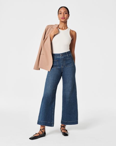 Cropped Wide Leg Jeans, Jean Crafts, Solid Color Pants, Wide Leg Jeans, Fashion Pants, Unique Fashion, Stretch Denim, Fashion Statement, Leg Jeans