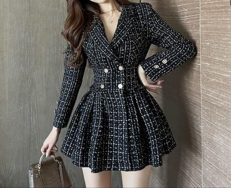 Korean Fashion Dress, Mini Dress Fashion, Super Cute Dresses, Tweed Dress, Mode Inspo, Women Vintage, Mini Dresses, Black Plaid, Black Mini