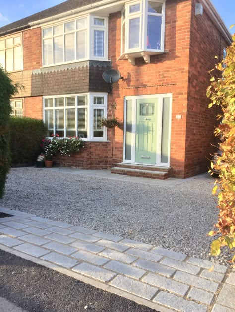 Newark rockdoor, 1930’s house, grey driveway Landscape Design Ideas Front Yard, Grey Driveway, Front Driveway Ideas, 1930s House Exterior, Front Garden Ideas Driveway, Block Paving Driveway, Garden Ideas Driveway, Resin Driveway, Small Patio Decor