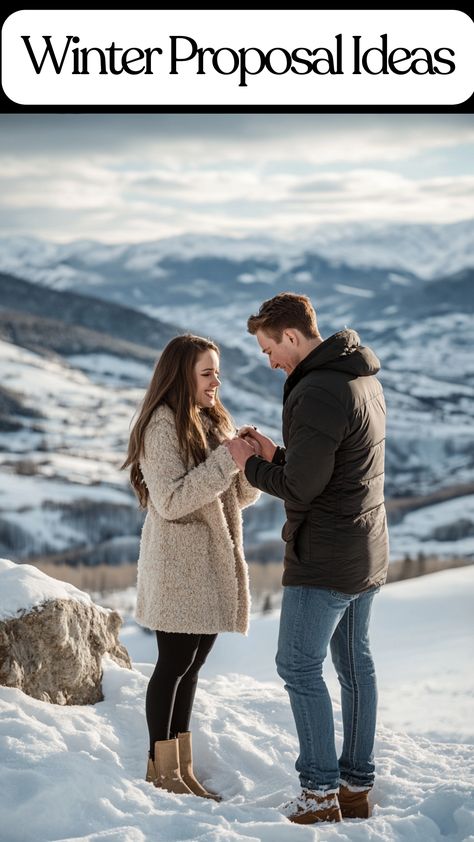 Romantic winter proposal in snowy mountains with couple surrounded by scenic winter landscape. Formal Proposal Ideas, Winter Proposal Ideas Engagement, Snow Proposal, Winter Proposal Ideas, Formal Proposal, Cozy City, Formal Proposals, Winter Proposal, Christmas Proposal